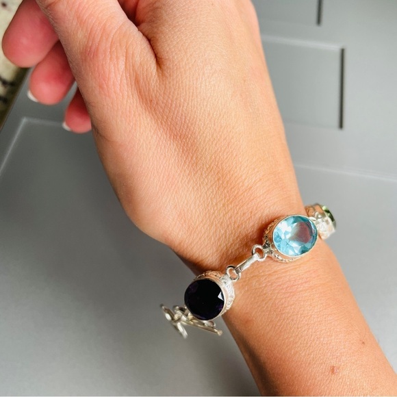 Multi Colored Cubic Zirconia Ornate Oval Link Sterling Silver Toggle Bra… - Picture 7 of 10